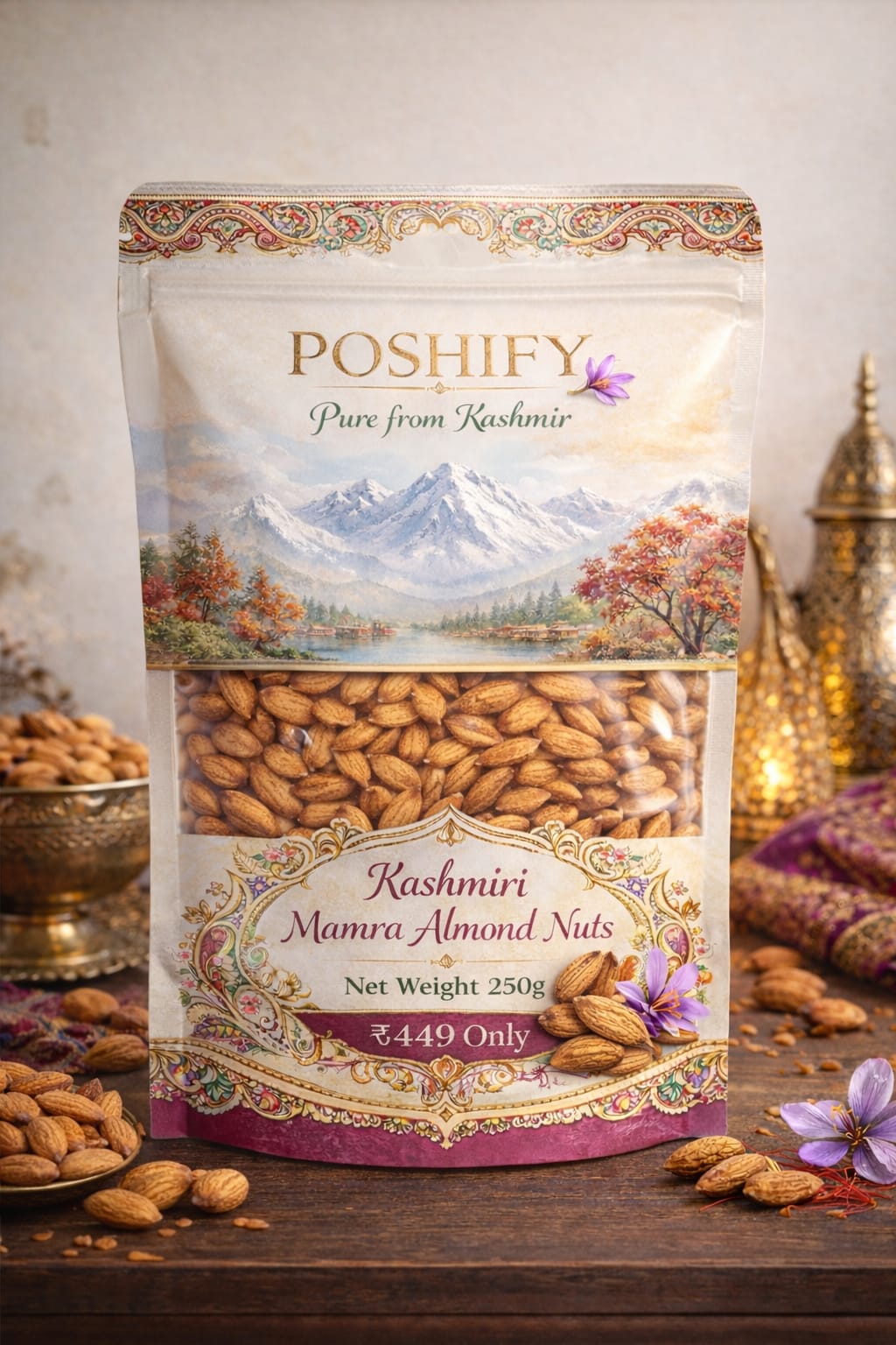 Kashmiri Mamra Almond Nuts packaging with mountain scenery and almonds in the background.