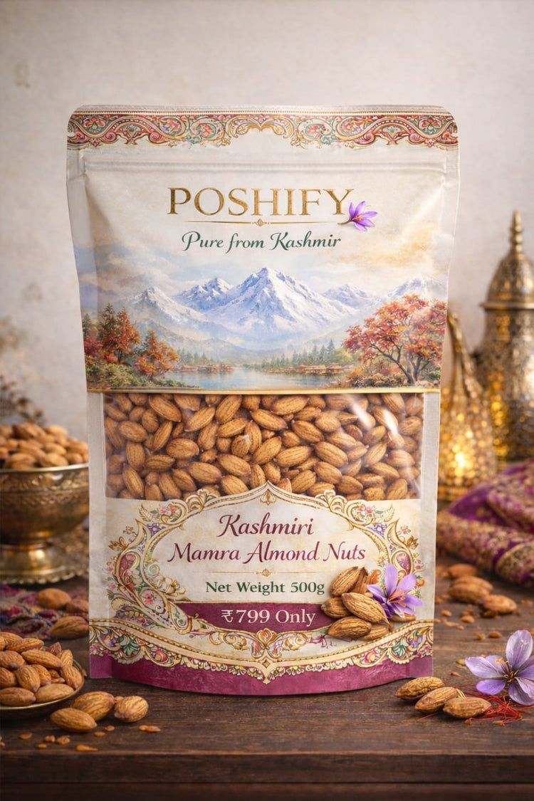 Poshify Kashmiri Mamra Almond Nuts in a decorative package with Himalayan mountains in the background.